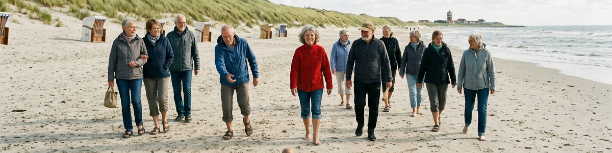 Fröhliche Gruppe von Teilnehmern beim Beach Boßeln auf Langeoog - inklusives Miteinander nach dem Jekami-Prinzip: Jeder kann mitmachen